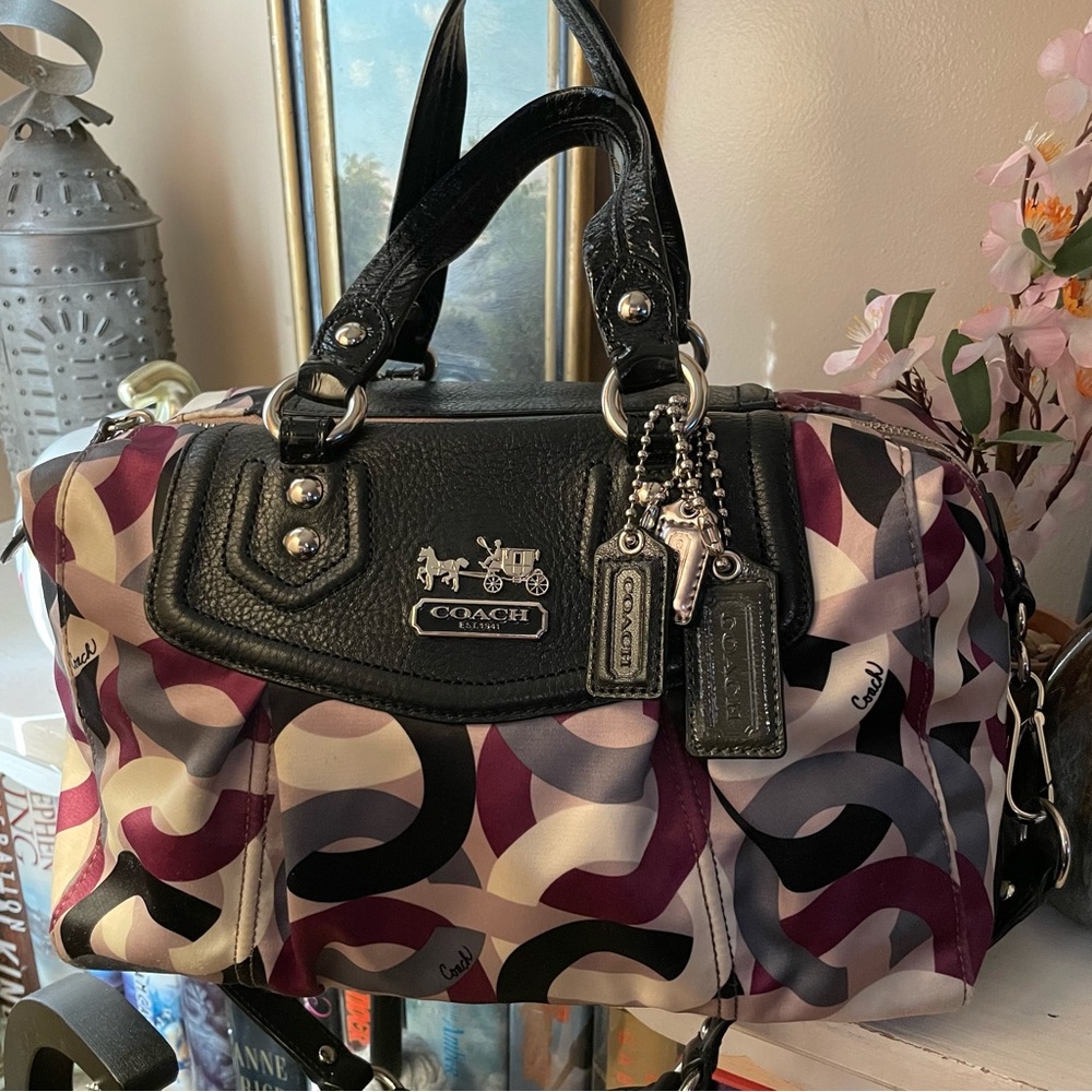 Coach Madison Graphic Op Art Audrey Satchel in Purple Gray Black White